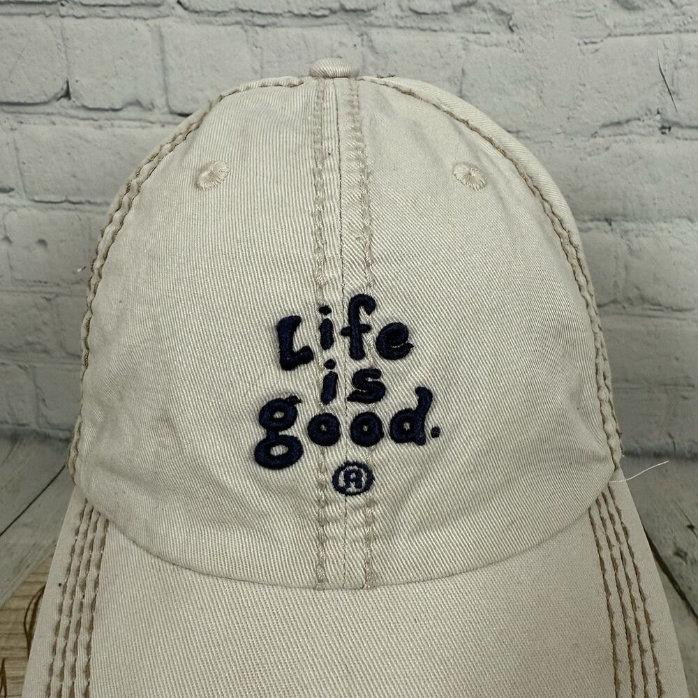 Life is Good Script Spellout Hat Strapback Cap Beige Blue Thick Stitched Outdoor - Picture 6 of 10